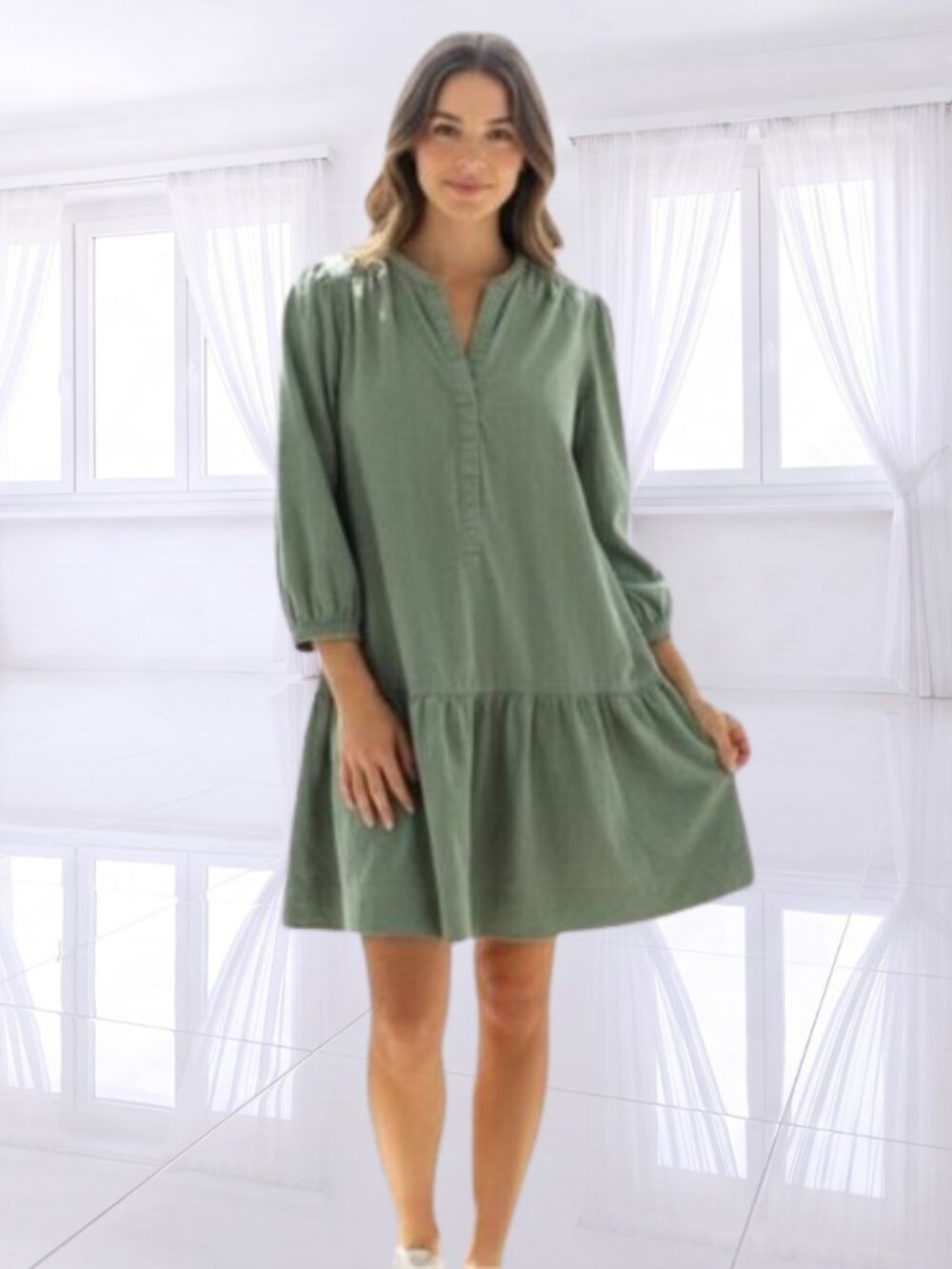 Free Assembly Green Corduroy Tiered Mini Swing Dress Puff Sleeve XS